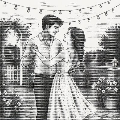 an original couple dancing under string lights in a garden at dusk: a man with short black hair in a linen shirt and a woman with braided red hair in a summer dress