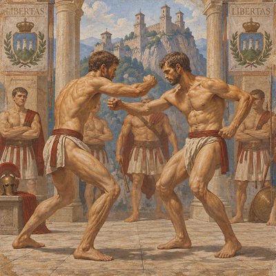 a painting of two men fighting each other