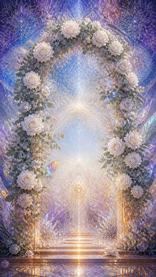 an arch of white roses and eucalyptus in soft morning light, elegant vertical composition with open space, no text