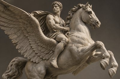 ancient greek athlete riding winged Pegasus horse