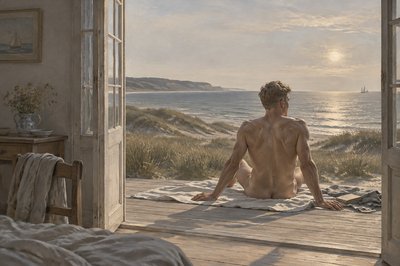 danish ignudi athlete sunning his back by the sea
