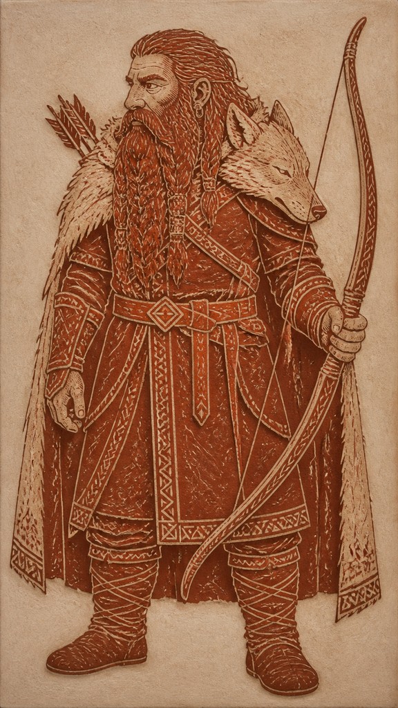 full-body original character: a dwarven ranger with a braided auburn beard, worn leather armor, a longbow and a wolf-pelt cloak, neutral background, no text