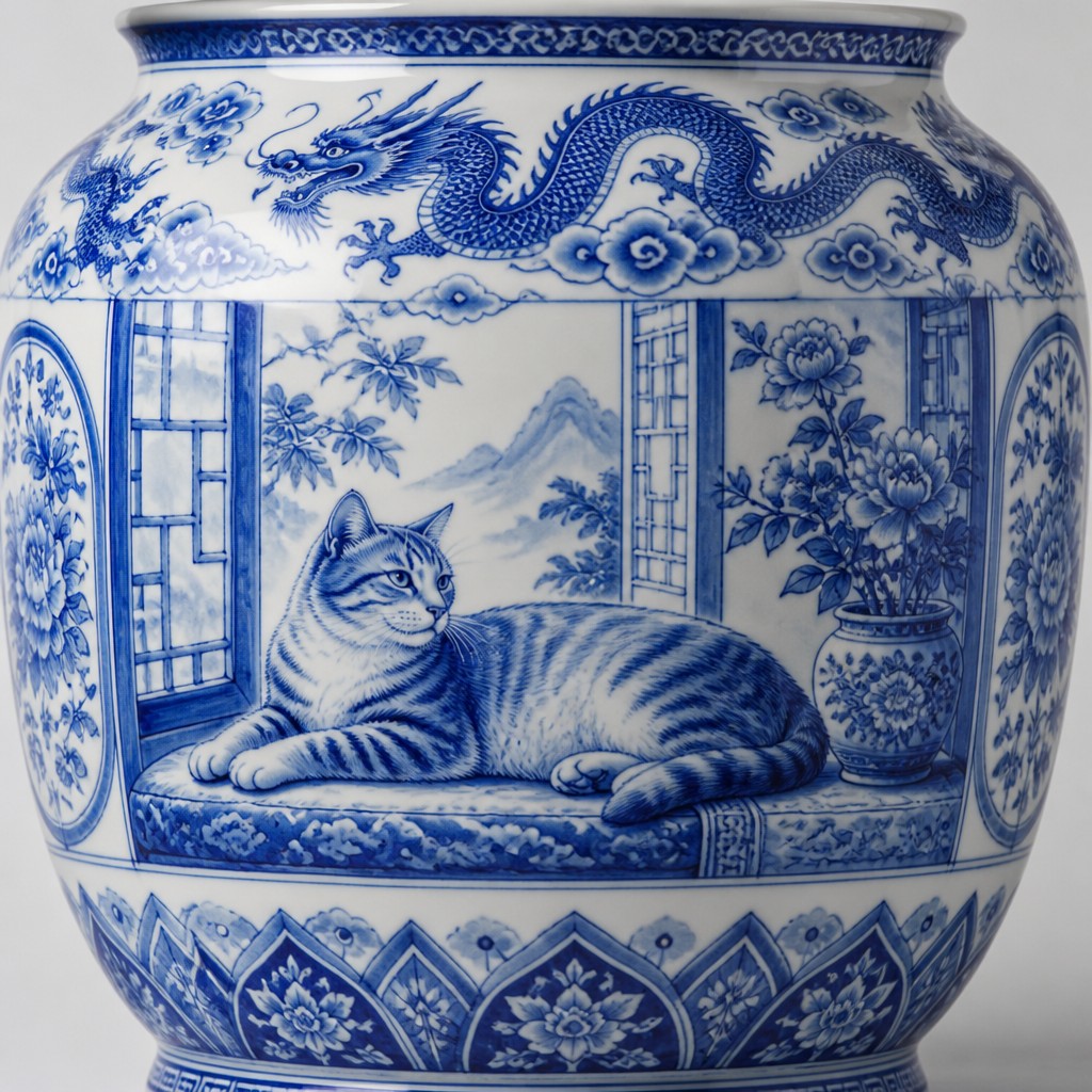 a cat lounging in a sunlit window — Ming Porcelain Art Style