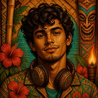 head-and-shoulders portrait of an original character: a young man with curly dark hair and headphones around his neck, plain backdrop, no text
