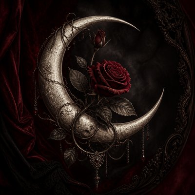 a rose entwined with a crescent moon, clean balanced composition on a plain background, no text