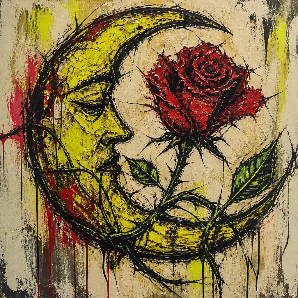 a rose entwined with a crescent moon, clean balanced composition on a plain background, no text