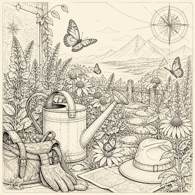 a garden scene with butterflies, flowers and a watering can, clean uncolored line art, no text