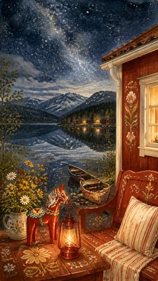 a tranquil mountain lake beneath a starry night sky, no people, no text
