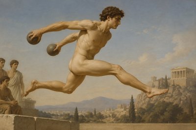an ancient greek ignudi long jump runner with is hands holding weights and legs stretched out leap through the air