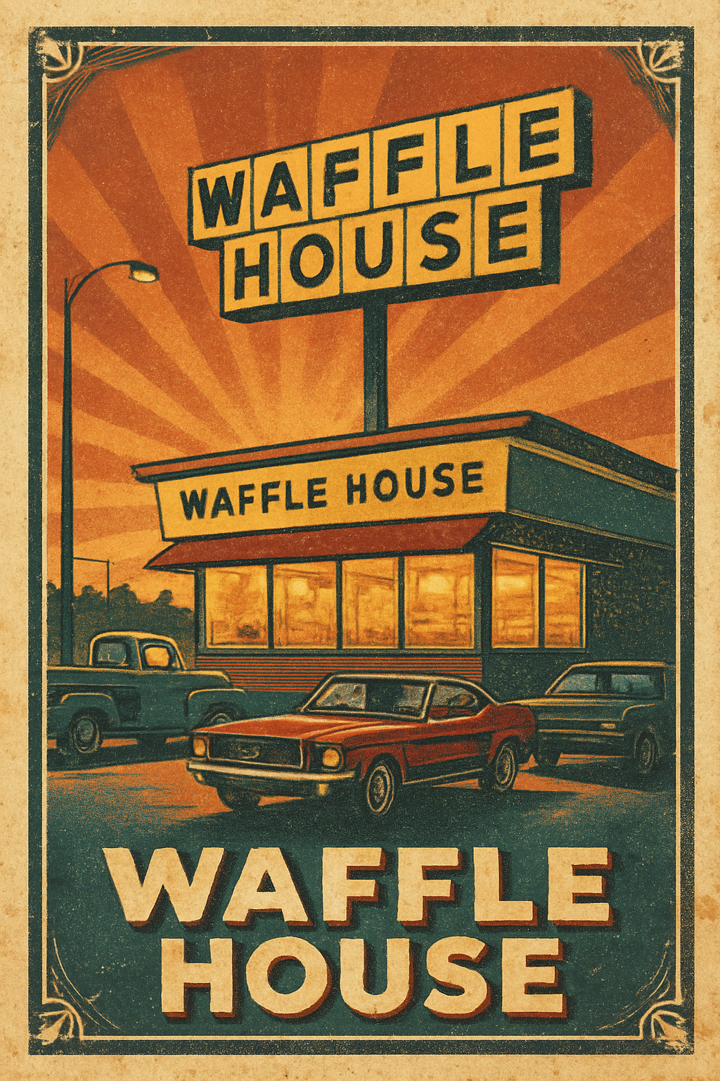 "Create a nostalgic and inviting image of a Waffle House restaurant from the 1960s or early 1970s. The focus should be on its distinct mid-century roadside architecture with a prominent, brightly lit "Waffle House" sign featuring its classic yellow and black logo. Show a few vintage cars from the era (e.g., a Ford Mustang, Chevrolet Chevelle, or a classic pickup truck) parked outside. The scene should be set at either dawn or dusk, with warm, inviting light spilling from the restaurant's windows, suggesting a cozy haven for weary travelers. Include subtle details like a classic street lamp or a glimpse of a highway in the background to emphasize its roadside location. The overall aesthetic should evoke a sense of Americana, comfort, and the timeless appeal of a familiar stop on a long journey."