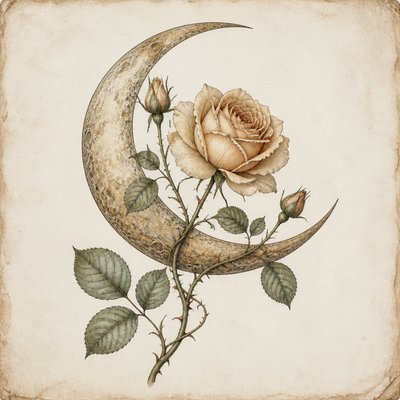 a rose entwined with a crescent moon, clean balanced composition on a plain background, no text