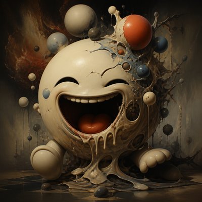 an exaggerated laughing face of an original round mascot character, bold and readable at small size, plain background, no text