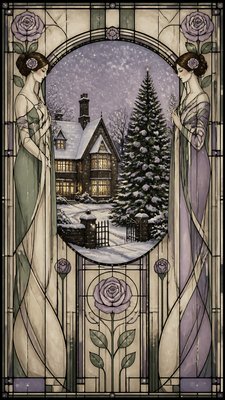 a snow-covered cottage with warm glowing windows beside a decorated pine tree, gentle snowfall, no text