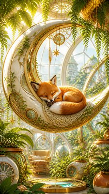 a sleeping baby fox curled on a crescent moon among soft stars, gentle and warm, no text