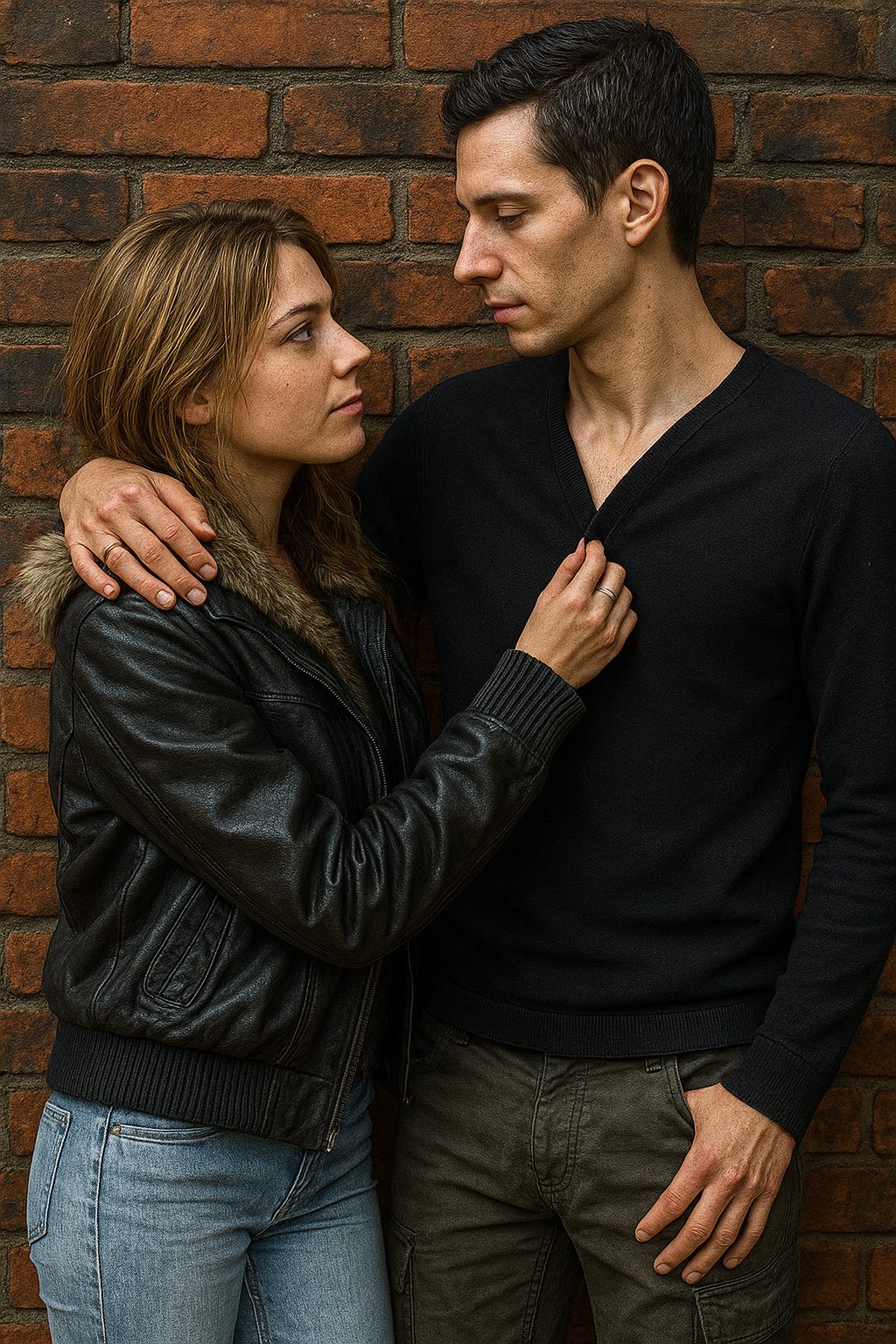 a man and a woman standing next to a brick wall