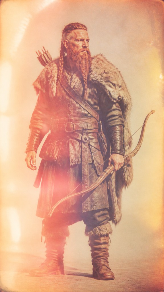 full-body original character: a dwarven ranger with a braided auburn beard, worn leather armor, a longbow and a wolf-pelt cloak, neutral background, no text