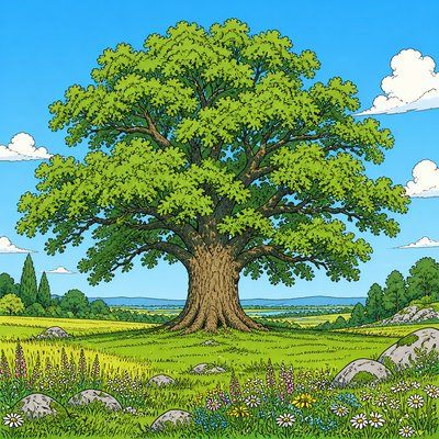 a large solitary oak tree in a grassy meadow with wildflowers, no people and no animals