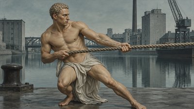 a painting of a man holding a rope in front of a body of water