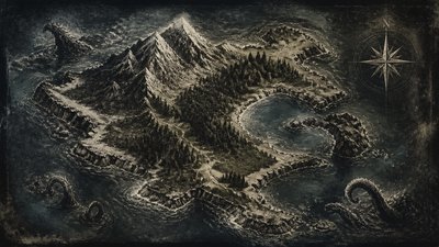 a map of an island realm with mountains, forests, a sheltered bay, sea monsters in the water and a compass rose, no text labels