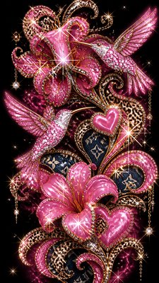 a climbing vine of flowers and hummingbirds on a dark background, tall wrapping composition, no text