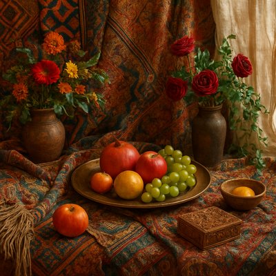 still life arrangement of fruits and flowers