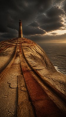 a lone lighthouse on a cliff at dusk under a dramatic sky, no text or lettering