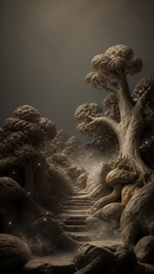 a mysterious forest path with fireflies and drifting mist, atmospheric vertical composition with open space at the top, no text