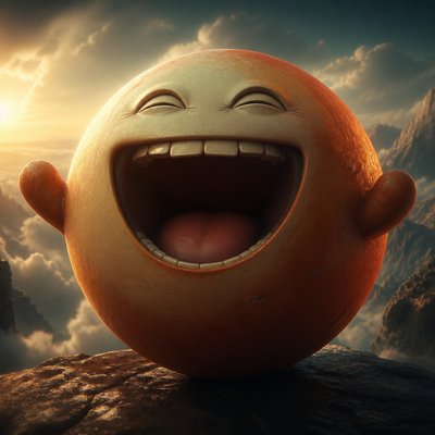 an exaggerated laughing face of an original round mascot character, bold and readable at small size, plain background, no text