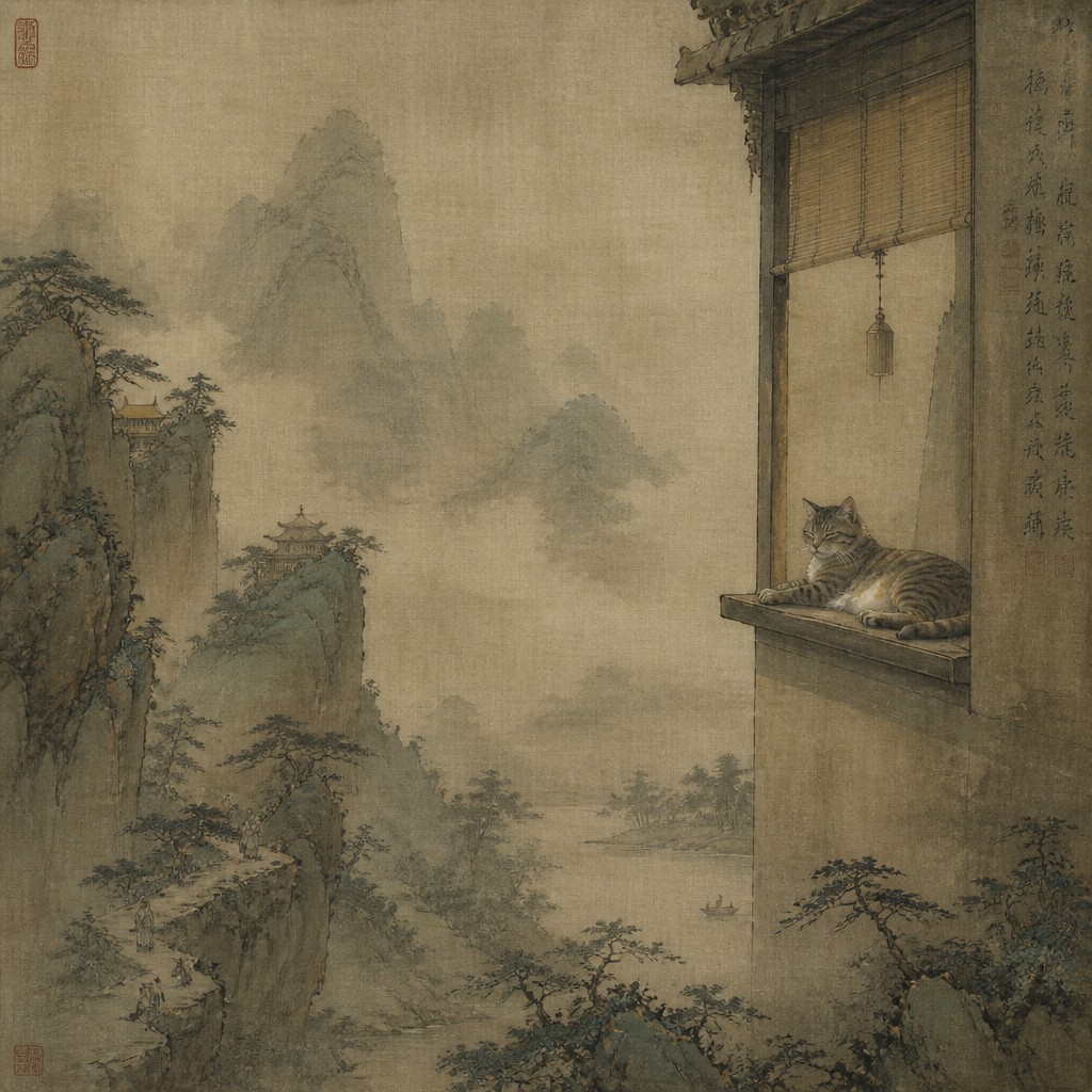 a cat lounging in a sunlit window — Song Dynasty Ink Painting Style