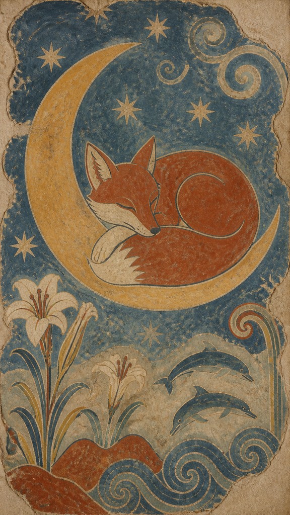 a sleeping baby fox curled on a crescent moon among soft stars, gentle and warm, no text