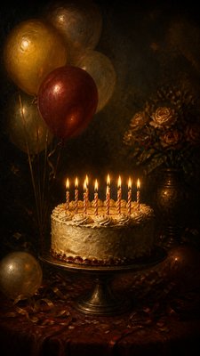 a birthday cake with lit candles surrounded by balloons and confetti, festive vertical composition, no text