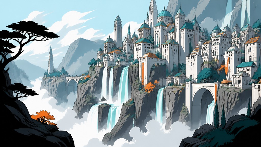 a cliffside city with waterfalls cascading into a misty canyon, wide establishing shot, no people, no text