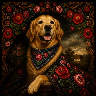 portrait of a golden retriever wearing a blue bandana, warm plain backdrop, no text