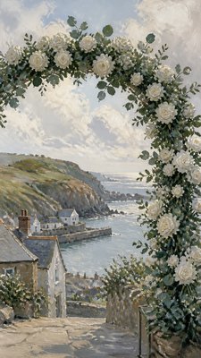 an arch of white roses and eucalyptus in soft morning light, elegant vertical composition with open space, no text