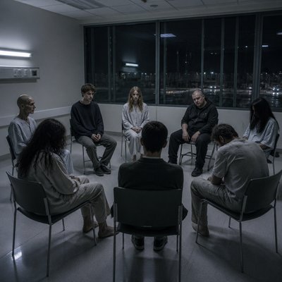 J’aimerais faire un roman psychologique sur des phénomènes psychologiques invente-moi 8 personne différent, certains beau, d’autres vraiment moche, et on verra bien ce que tu proposes je veux qu’on tirer la devanture d’un roman donc on va dire qu’ils sont assis en cercle comme des alcooliques anonymes
Je veux quand même qu’on tirer à l’hôpital genre autour de la pièce et blanche grise ou je sais pas quoi genre nuit dehors