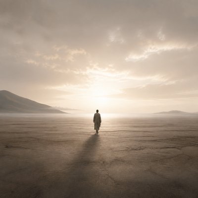 a solitary figure walking toward a glowing horizon across an empty plain, moody atmosphere, no text or lettering