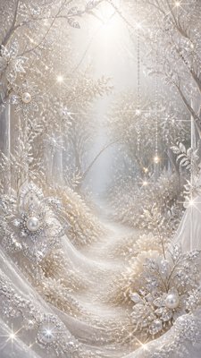 a mysterious forest path with fireflies and drifting mist, atmospheric vertical composition with open space at the top, no text