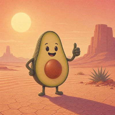 a happy avocado character giving a thumbs up, bold readable design on a plain background, no text