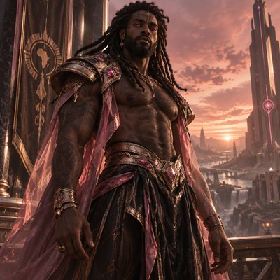 Je veux que tu me fasses un guerrier, tres modern avec une armure moderne genre full rose noir argenté sombre et voileen soie transparent mais juste un peu si besoin mais il a une armure en or plutot mastock genre le voile c’est juste histoire de rajouter du tissu sans manche ni haut in voit ses muscle et il a une barbe et des cheveux locks plein il est hot grand et poilu torse et abdo pour le realisme il est brun et a des yeux rose orangé genre intense brillant brillant, on dirait un dieu de l’ afrique ancien avec l’ethnie noir
Pas de tigre pas de chaine au maine ou de gants seulement des bijoux or fin et des diamants rose