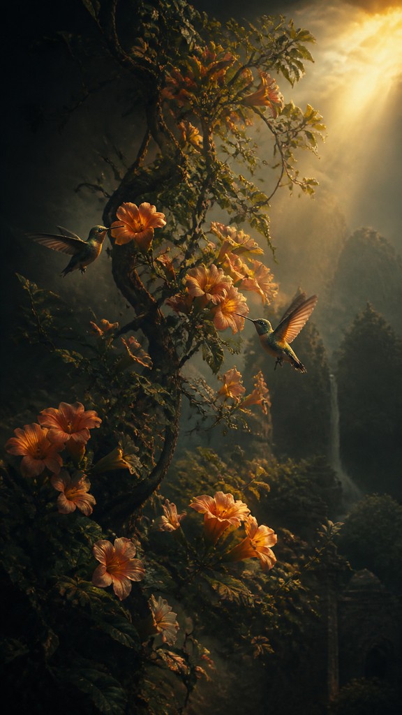 a climbing vine of flowers and hummingbirds on a dark background, tall wrapping composition, no text