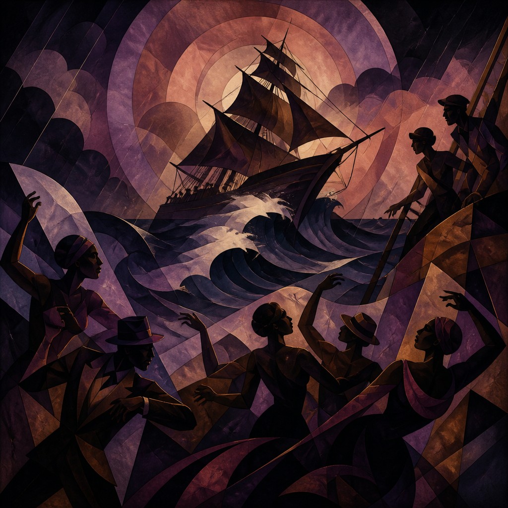sailing ship on a stormy sea — Harlem Renaissance Art Style