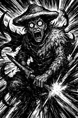a black and white drawing of a demon