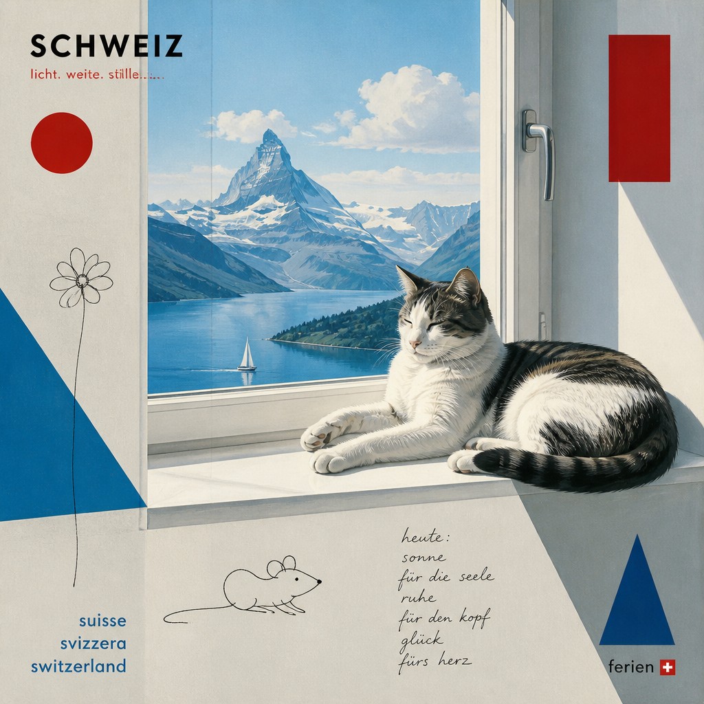 a cat lounging in a sunlit window — Swiss Art Style