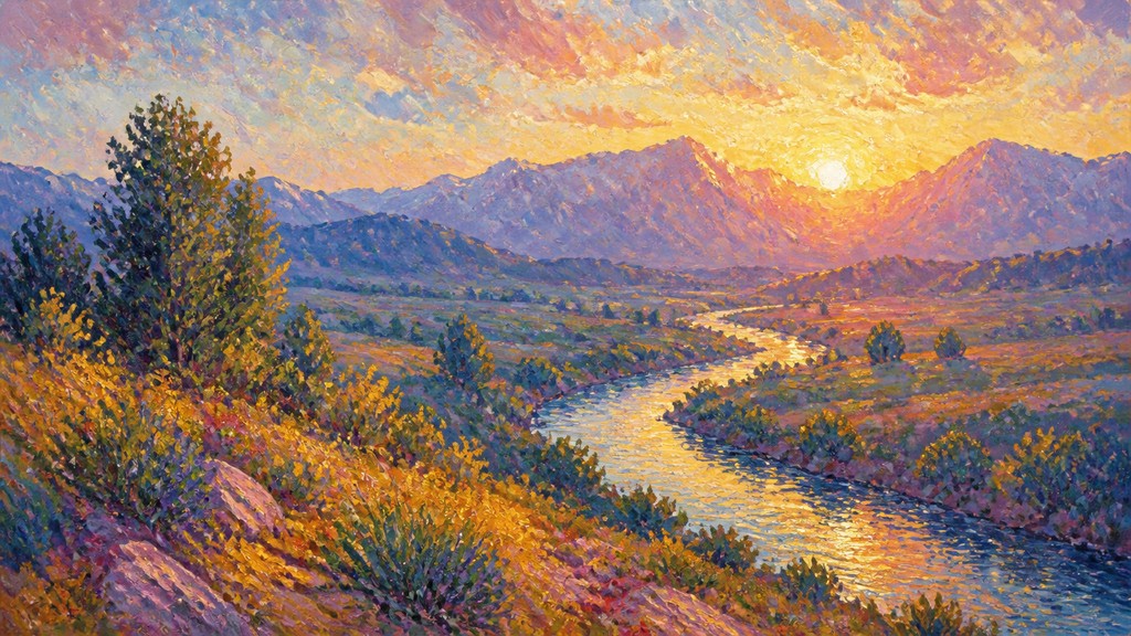 a vast valley with a river winding toward distant mountains at sunrise, no people, no text