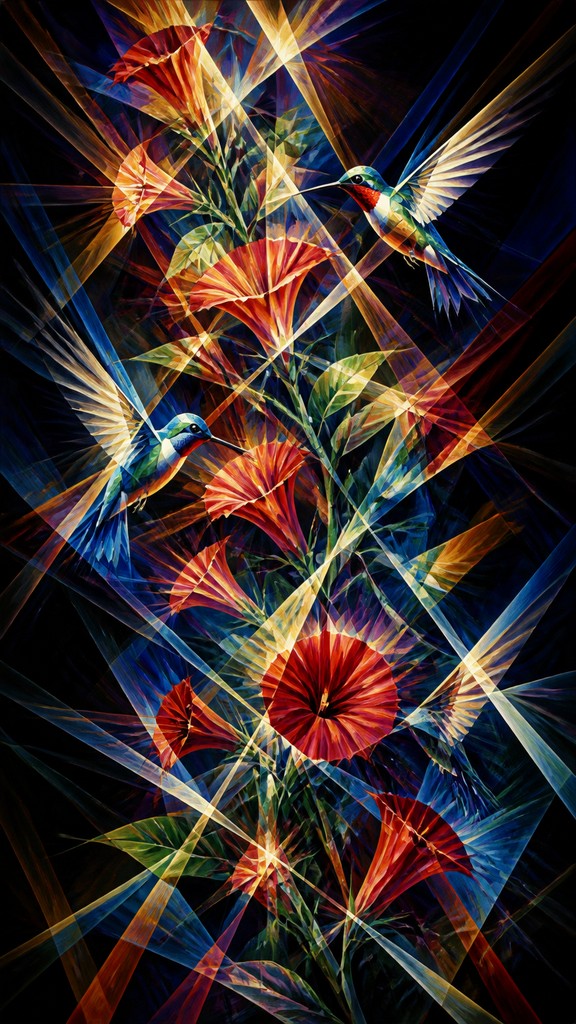 a climbing vine of flowers and hummingbirds on a dark background, tall wrapping composition, no text