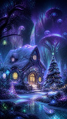 a snow-covered cottage with warm glowing windows beside a decorated pine tree, gentle snowfall, no text