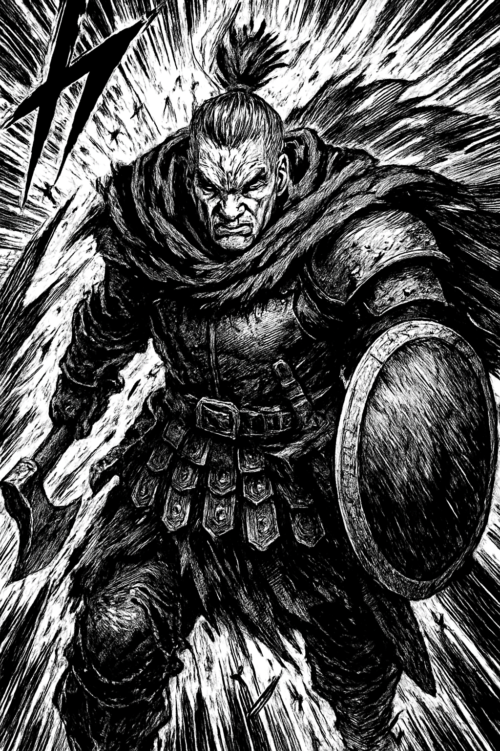 a black and white drawing of a man with a sword