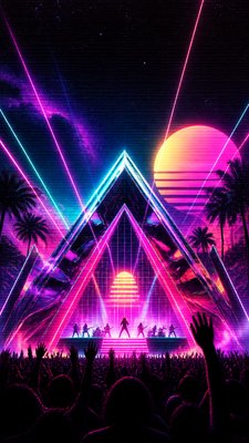 a live music scene with a glowing stage and silhouetted crowd, energetic vertical composition with open space at the top, no text