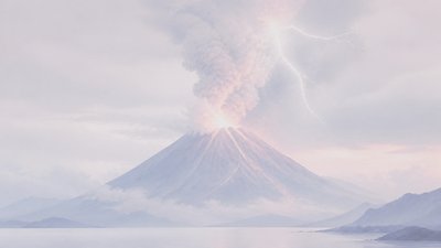 an erupting volcano with lightning strikes, dramatic wide composition, no text