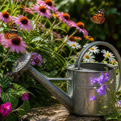 a garden scene with butterflies, flowers and a watering can, clean uncolored line art, no text